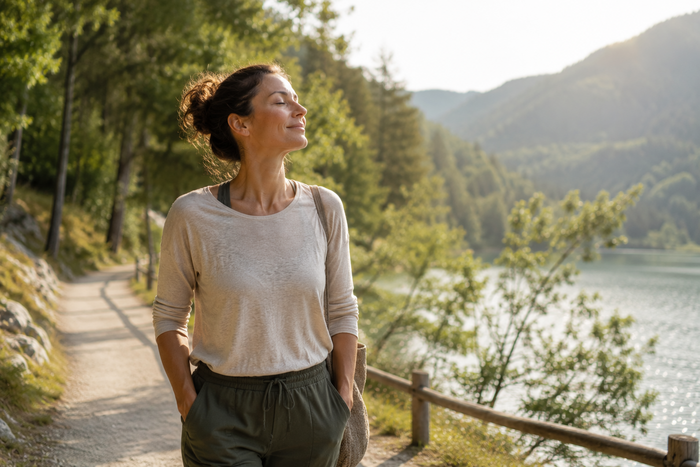 Frau macht einen Spaziergang am See und atmet rief durch beim Basenfasten