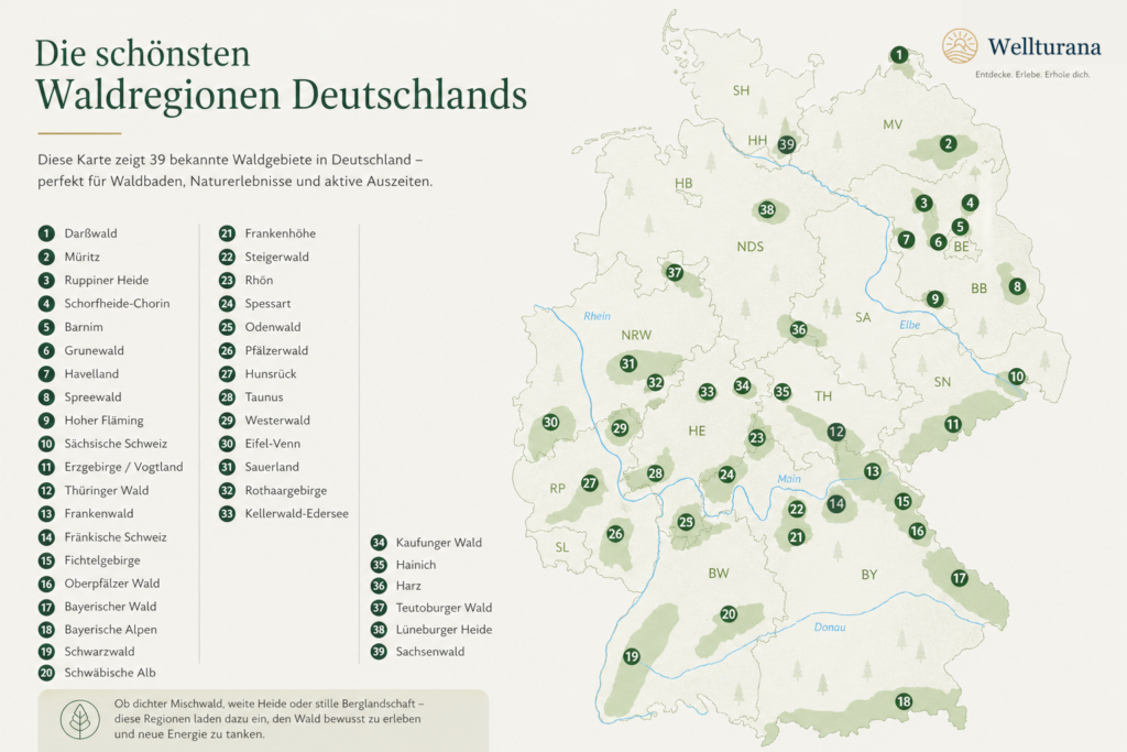 Übersichtskarte mit den schönsten Waldregionen in Deutschland